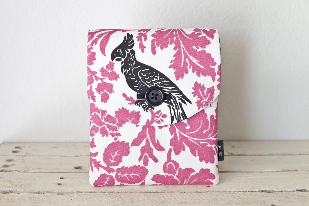 iPad Case - Pink Black Bird Parakeet Flowers - Padded with Pocket