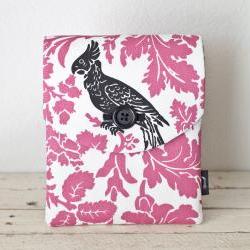 iPad Case - Pink Black Bird Parakeet Flowers - Padded with Pocket